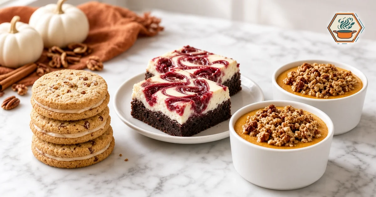 3 Fall Desserts: Maple Cookies, Brownie Bars & Pumpkin Cups 10 Maple pecan sandwich cookies, cherry cheesecake brownie bars and pumpkin custard cups on a marble counter